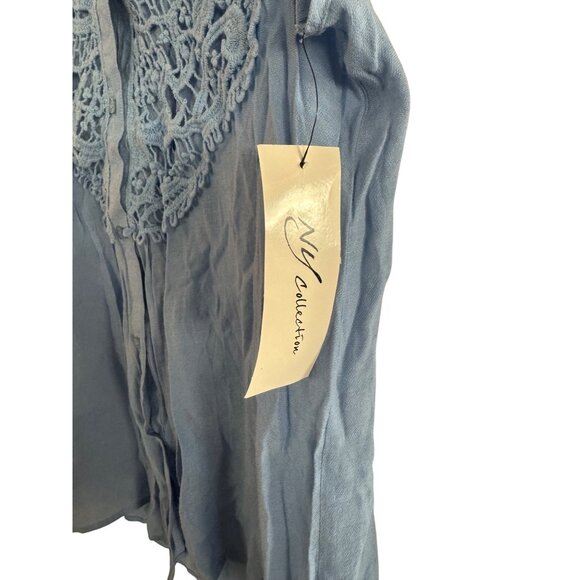 NY Collection Womens Medium Cotton Sleeveless Button-Up Lace Panel Shirt Blue Co - Picture 3 of 6